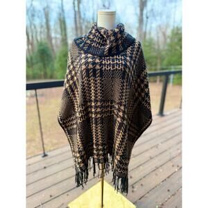 Chico’s Houndstooth Plaid Knit Poncho Shawl Fringe Cowl Neck S/M